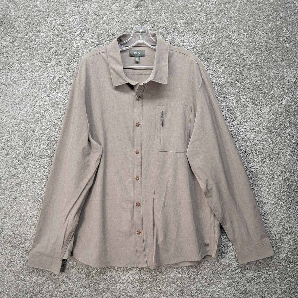 FLX Mens XXL Brown Stretch Technical Button Down Shirt Zip Chest Pocket 7039